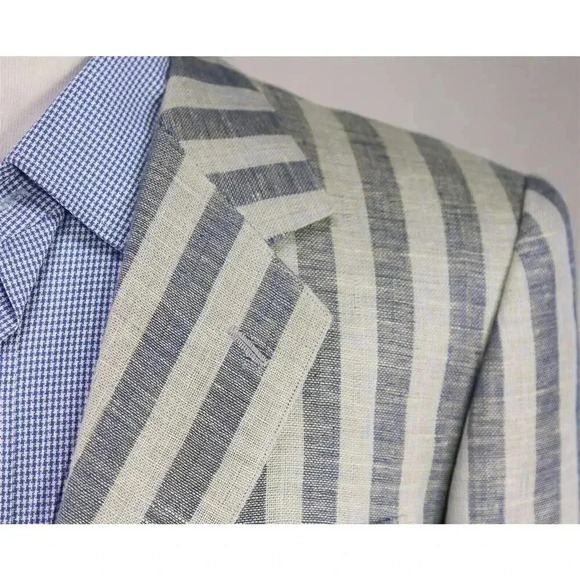 Custom Made Navy/Sky Blue Striped Mila Schon Linen Boating Patch Pkt Blazer 38S - Picture 4 of 8